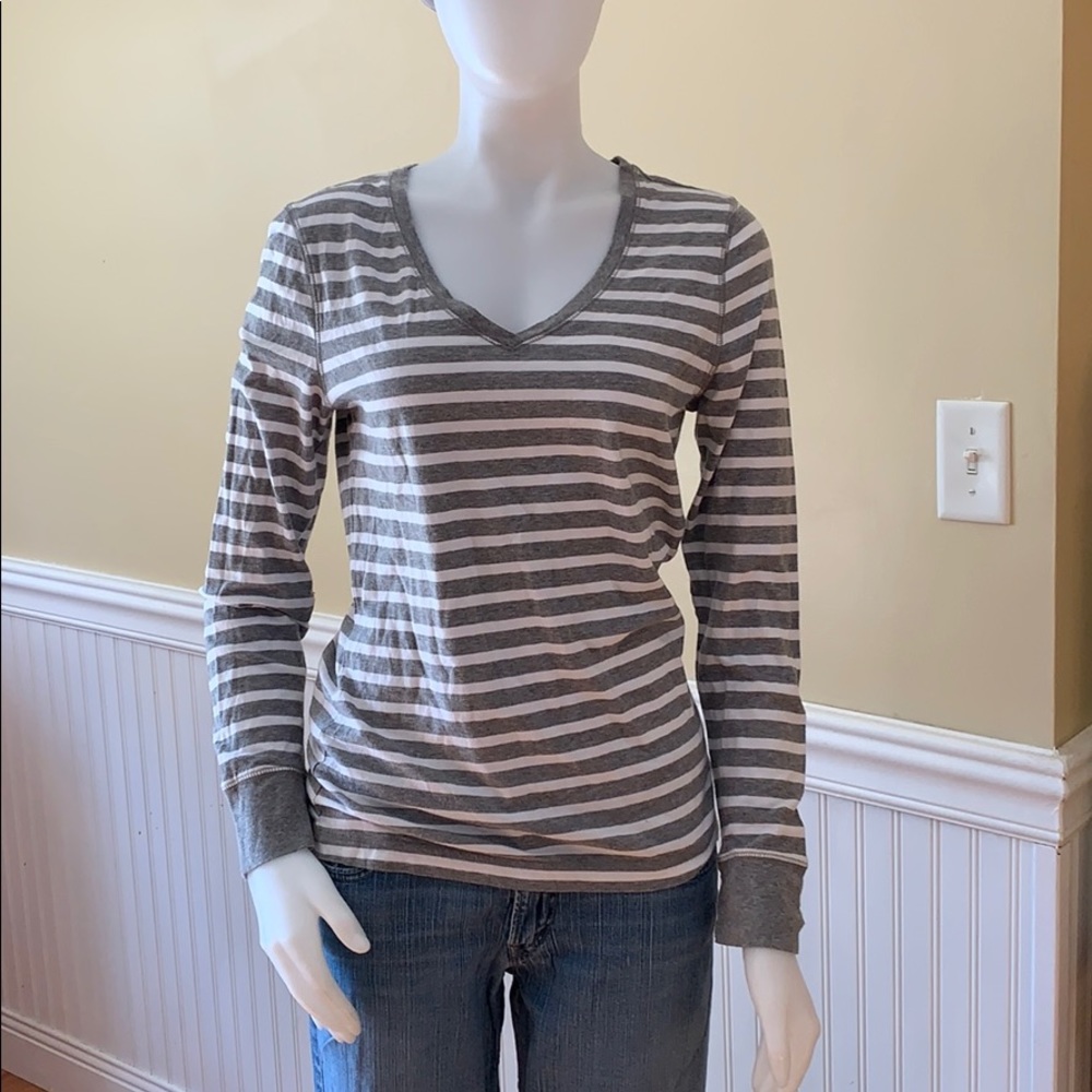 Ladies long sleeve gray and white striped T-shirt